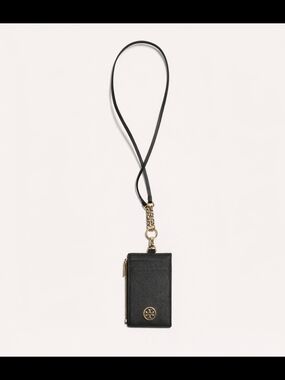 Tory Burch Black Leather Lanyard Card Case with Gold Hardware